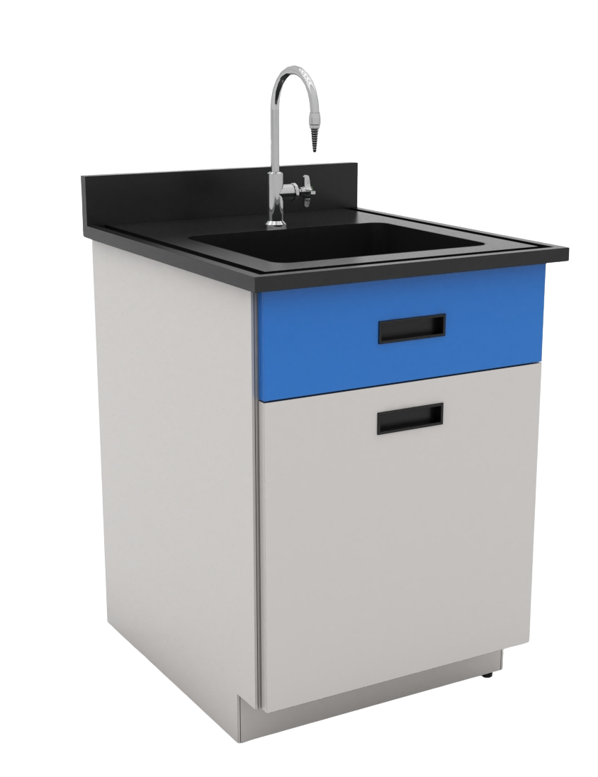 Gabinete porta tarja para laboratorio con una puerta de cierre suave, fabricado en lámina galvanizada resistente a la corrosión
